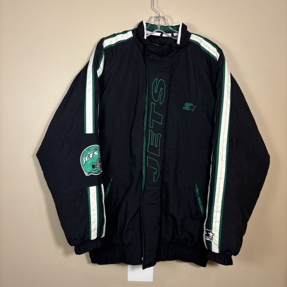 Vintage Starter New York Jets Jacket Mens Large 90s Puffer Bomber NFL Black